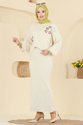 moda selvim Çiçek İşlemeli Elbiseli Takım 1433MT581 Taş - Thumbnail