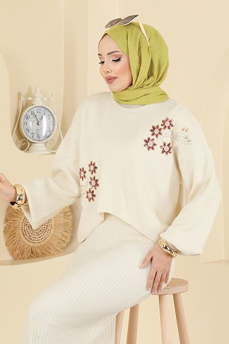 moda selvim Çiçek İşlemeli Elbiseli Takım 1433MT581 Taş - Thumbnail