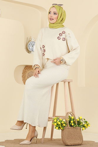 moda selvim Çiçek İşlemeli Elbiseli Takım 1433MT581 Taş - Thumbnail