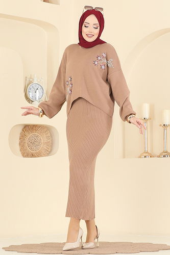 moda selvim Çiçek İşlemeli Elbiseli Takım 1433MT581 Vizyon - Thumbnail