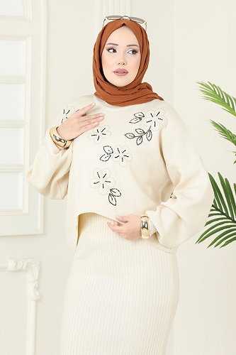 moda selvim Çiçek Motifli Elbiseli Takım 1436MT581 Taş - Thumbnail