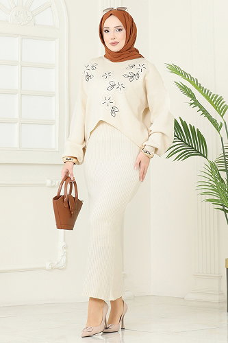 moda selvim Çiçek Motifli Elbiseli Takım 1436MT581 Taş - Thumbnail