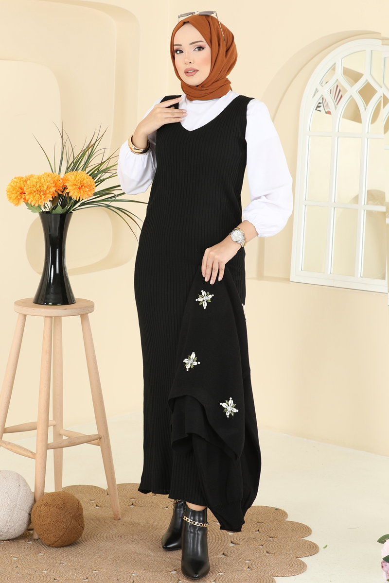 Çiçek Motifli Triko Takım 1402MT581 Siyah
