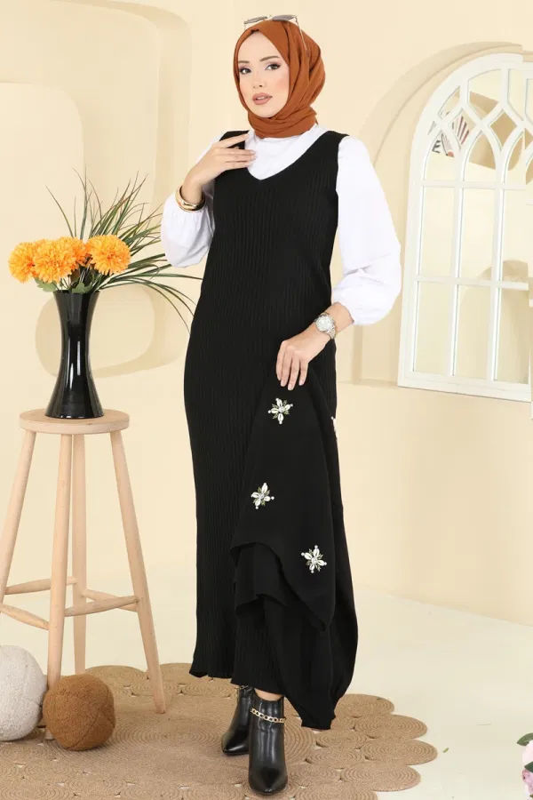 Modaselvim Kombin Çiçek Motifli Triko Takım 1402MT581 Siyah