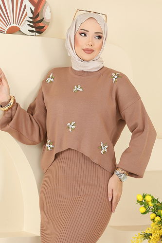 moda selvim Çiçek Motifli Triko Takım 1402MT581 Vizyon - Thumbnail