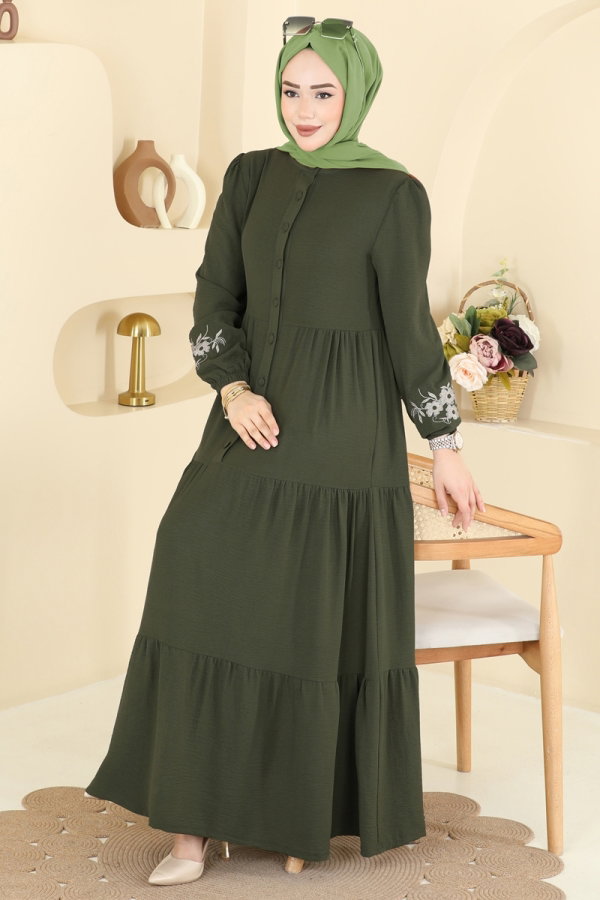 Modaselvim Elbise Çiçek Nakışlı Aerobin Elbise PL9198 Koyu Haki