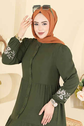 moda selvim Çiçek Nakışlı Ayrobin Elbise PL9198 Haki - Thumbnail