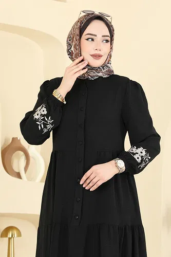 moda selvim Çiçek Nakışlı Ayrobin Elbise PL9198 Siyah - Thumbnail