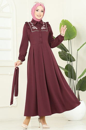 moda selvim Çiçek Nakışlı Dabıl Elbise 2725SL432 Bordo - Thumbnail
