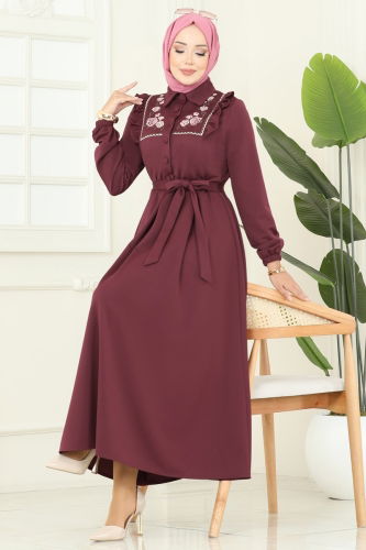 S.L. - Çiçek Nakışlı Dabıl Elbise 2725SL432 Bordo