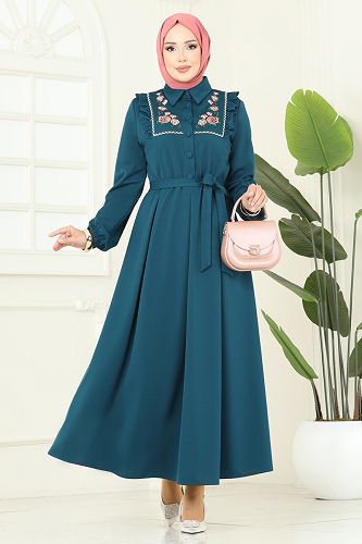 moda selvim Çiçek Nakışlı Dabıl Elbise 2725SL432 Petrol - Thumbnail