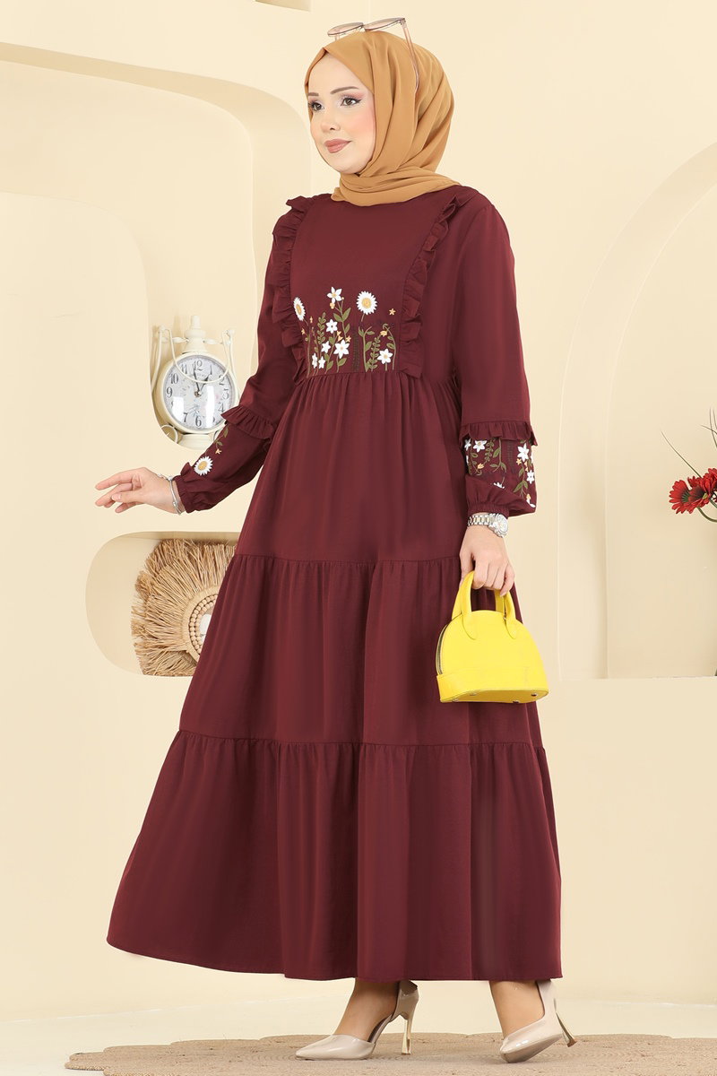 Çiçek Nakışlı Poplin Elbise 327ASN888 Bordo