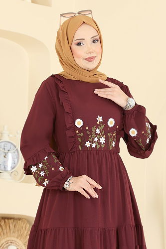 moda selvim Çiçek Nakışlı Poplin Elbise 327ASN888 Bordo - Thumbnail