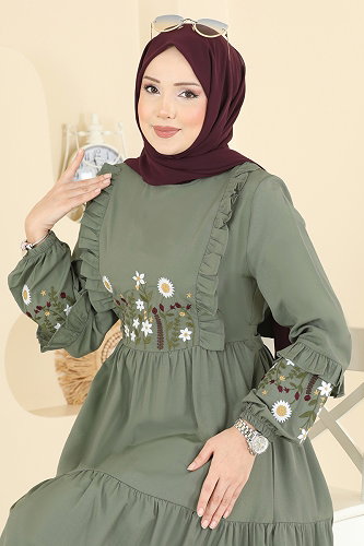 moda selvim Çiçek Nakışlı Poplin Elbise 327ASN888 Çağla - Thumbnail