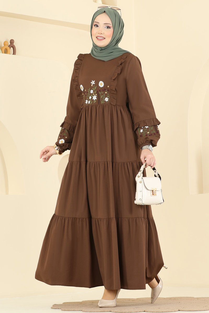 Çiçek Nakışlı Poplin Elbise 327ASN888 Kahve