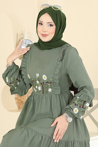 moda selvim Çiçek Nakışlı Poplin Elbise 327ASN888 Mint - Thumbnail