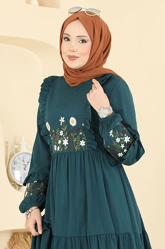 moda selvim Çiçek Nakışlı Poplin Elbise 327ASN888 Petrol - Thumbnail