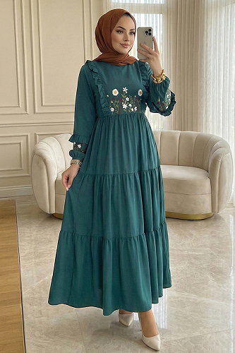 moda selvim Çiçek Nakışlı Poplin Elbise 327ASN888 Petrol - Thumbnail