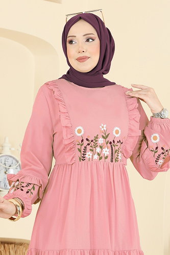 moda selvim Çiçek Nakışlı Poplin Elbise 327ASN888 Pudra - Thumbnail