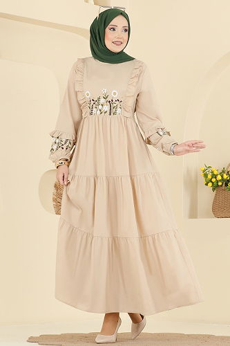 moda selvim Çiçek Nakışlı Poplin Elbise 327ASN888 Taş - Thumbnail