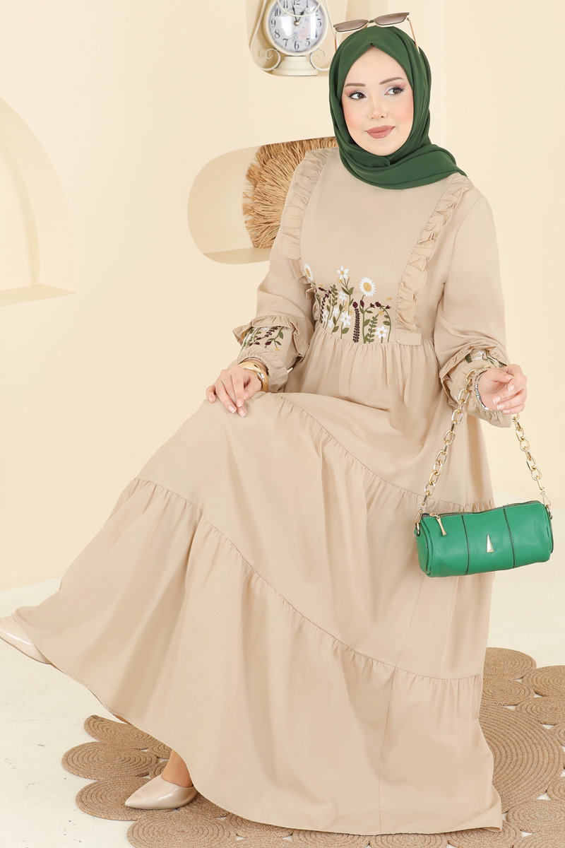 Çiçek Nakışlı Poplin Elbise 327ASN888 Taş