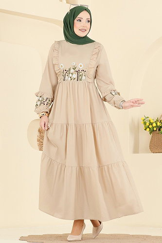 moda selvim Çiçek Nakışlı Poplin Elbise 327ASN888 Taş - Thumbnail