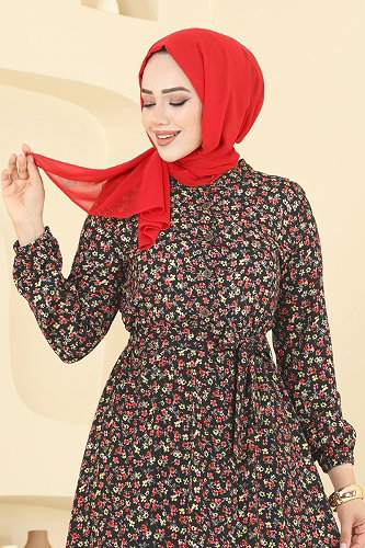moda selvim Çiçekli Kuşaklı Viskon Elbise 4098ZNNK1102 Siyah - Thumbnail