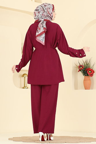 moda selvim Çift Düğmeli 2 li Takım 3299HBS856 Bordo - Thumbnail