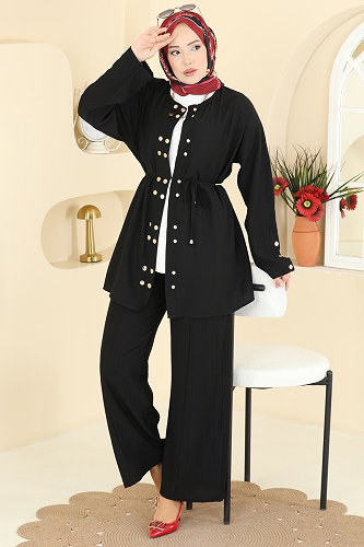 moda selvim Çift Düğmeli 2 li Takım 3299HBS856 Siyah - Thumbnail
