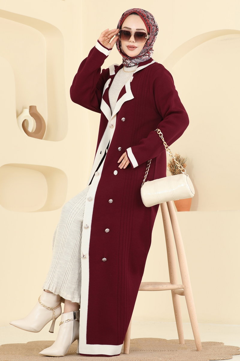 Çift Düğmeli Triko Elbise 1356MT581 Bordo
