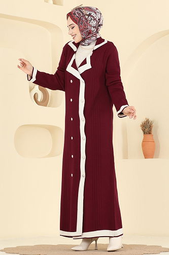 moda selvim Çift Düğmeli Triko Elbise 1356MT581 Bordo - Thumbnail