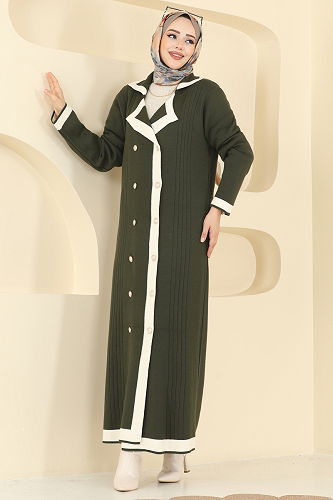 moda selvim Çift Düğmeli Triko Elbise 1356MT581 Haki - Thumbnail