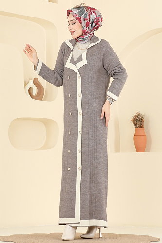 moda selvim Çift Düğmeli Triko Elbise 1356MT581 Koyu Vizyon - Thumbnail
