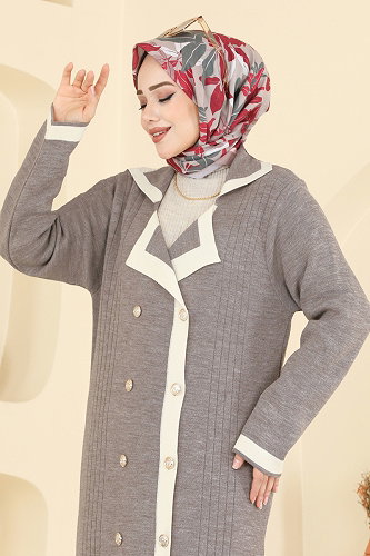 moda selvim Çift Düğmeli Triko Elbise 1356MT581 Koyu Vizyon - Thumbnail