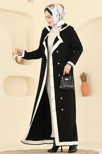 moda selvim Çift Düğmeli Triko Elbise 1356MT581 Siyah - Thumbnail