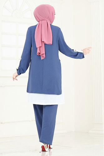 moda selvim Çift Katlı Aerobin Takım PL8034 İndigo&Ekru - Thumbnail