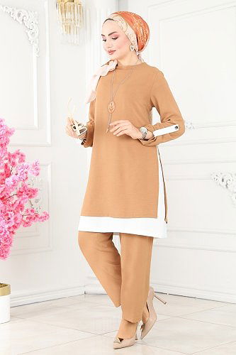 moda selvim Çift Katlı Aerobin Takım PL8034 Latte&Ekru - Thumbnail