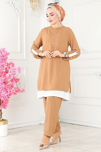 moda selvim Çift Katlı Aerobin Takım PL8034 Latte&Ekru - Thumbnail