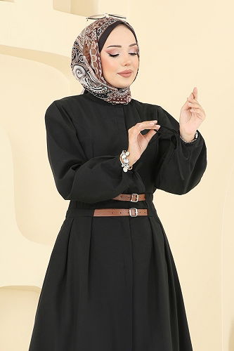 moda selvim Çift Kemer Detaylı Elbise 3060KTR750 Siyah - Thumbnail