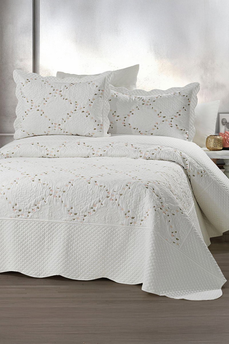 Çift Kişilik Çiçek Desenli Yatak Örtüsü Takımı 8519BLH1197 Somon&Ekru