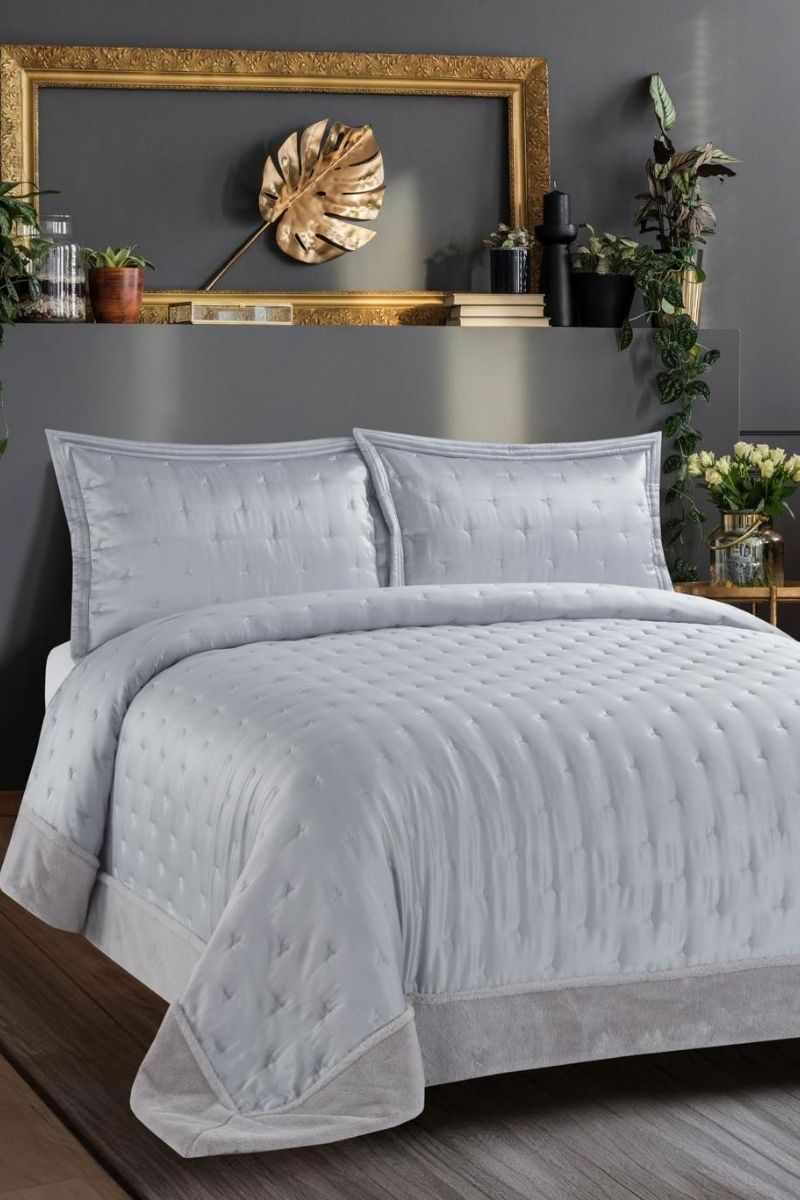 Çift Kişilik Saten Yatak Örtüsü 8524BLH1197 Gri