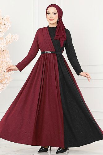 moda selvim Çift Renkli Kemerli Elbise ASM2685 Bordo&Siyah - Thumbnail