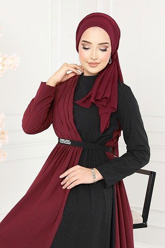 moda selvim Çift Renkli Kemerli Elbise ASM2685 Bordo&Siyah - Thumbnail