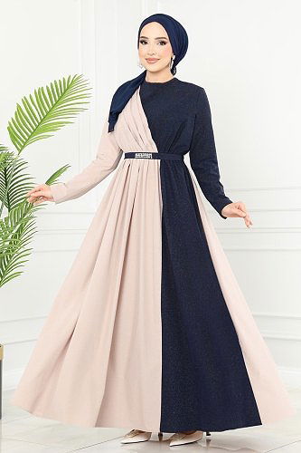 moda selvim Çift Renkli Kemerli Elbise ASM2685 Vizyon&Laci - Thumbnail