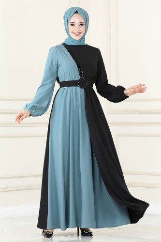 Çift Renkli Krep Elbise ASM2674 Mint&Siyah