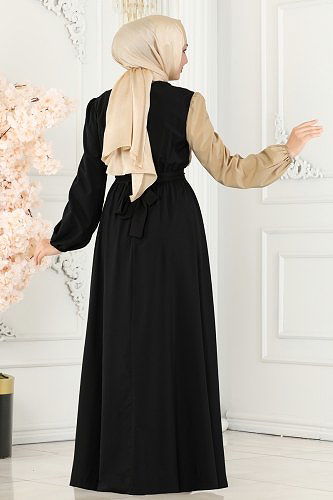 moda selvim Çift Renkli Krep Elbise ASM2674 Vizyon&Siyah - Thumbnail