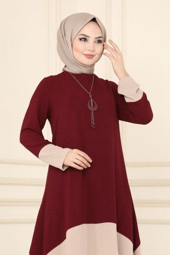 moda selvim Çift Renkli Tesettür Takım 6538S324 Bordo&Vizyon - Thumbnail