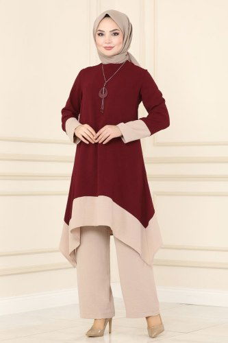 moda selvim Çift Renkli Tesettür Takım 6538S324 Bordo&Vizyon - Thumbnail