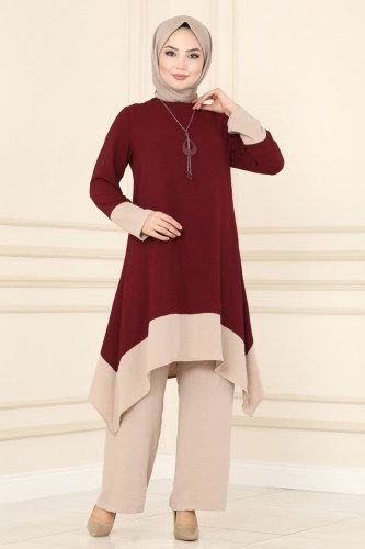 moda selvim Çift Renkli Tesettür Takım 6538S324 Bordo&Vizyon - Thumbnail