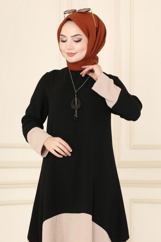moda selvim Çift Renkli Tesettür Takım 6538S324 Siyah&Vizyon - Thumbnail